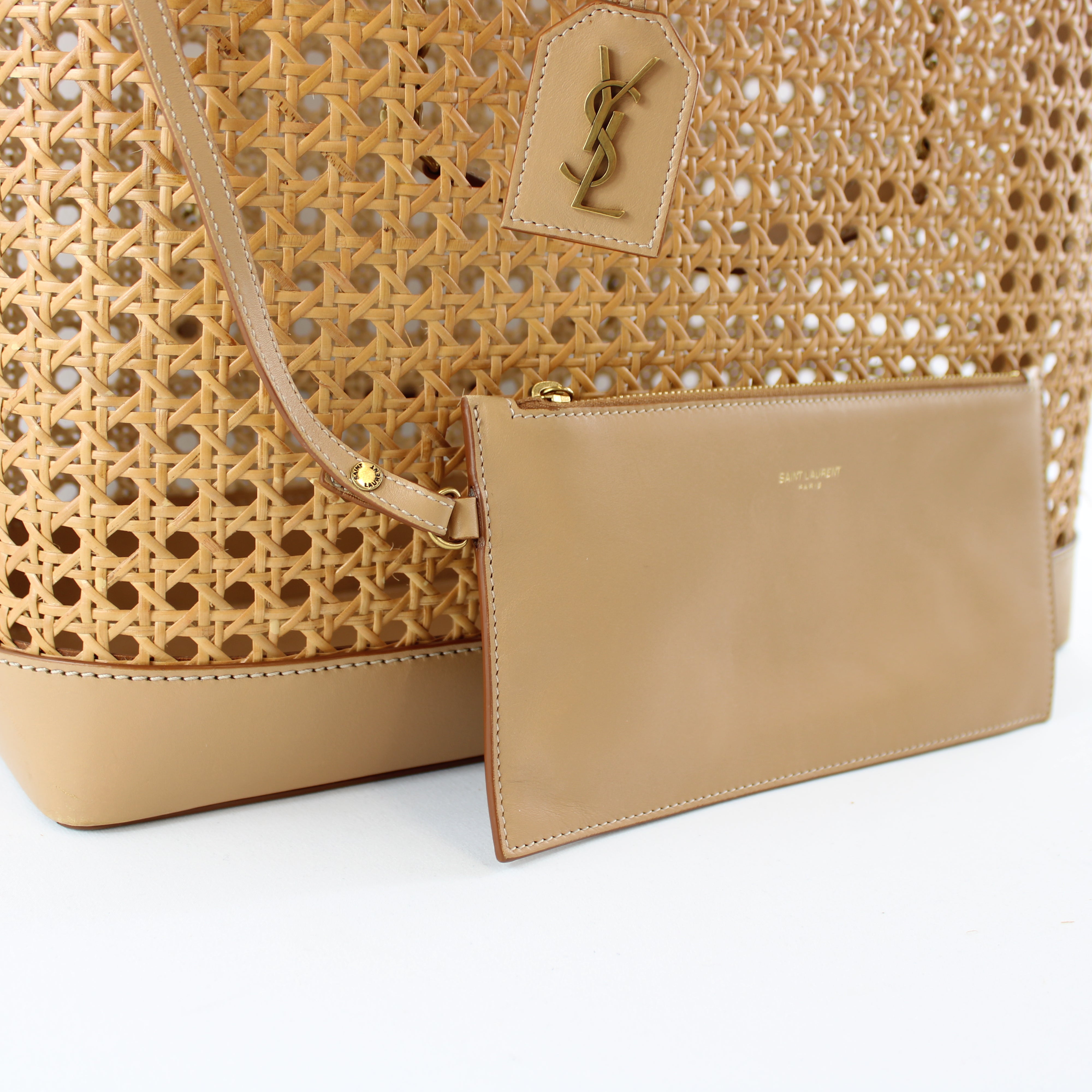 Saint Laurent Leather-Trim Rattan Tote/Shopper Bag